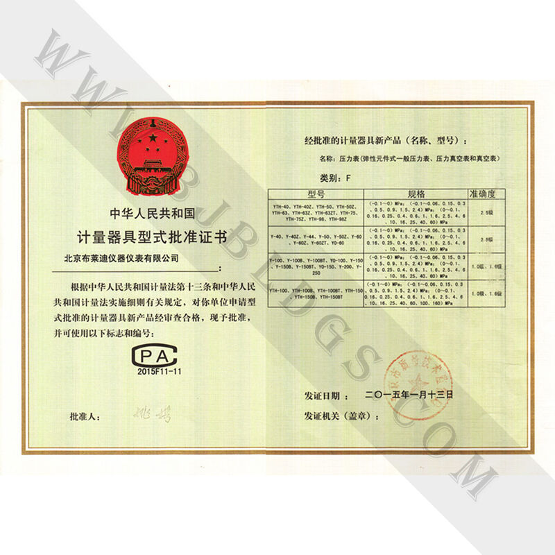 压力表大局核准证书